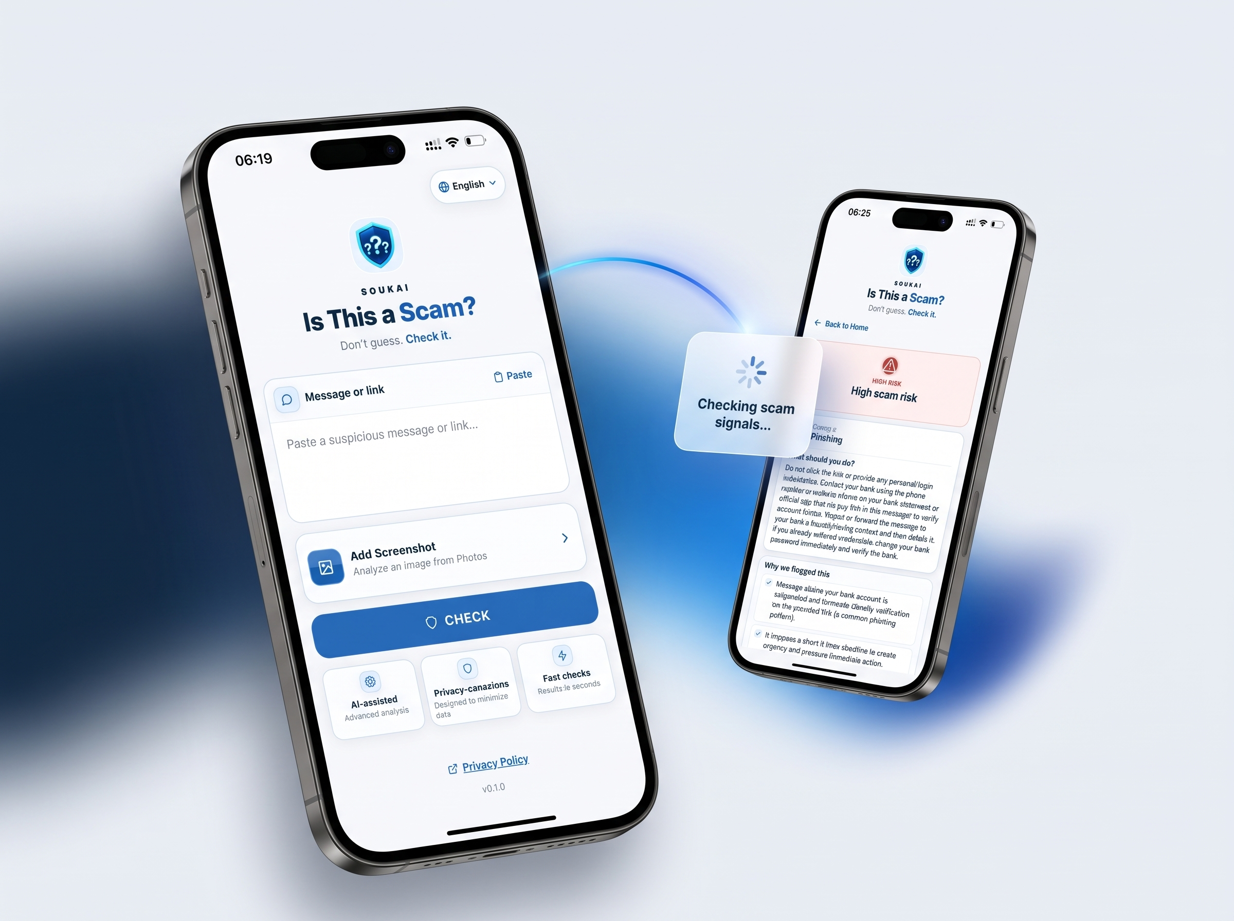 Is This a Scam app screens showing an AI-assisted risk result.