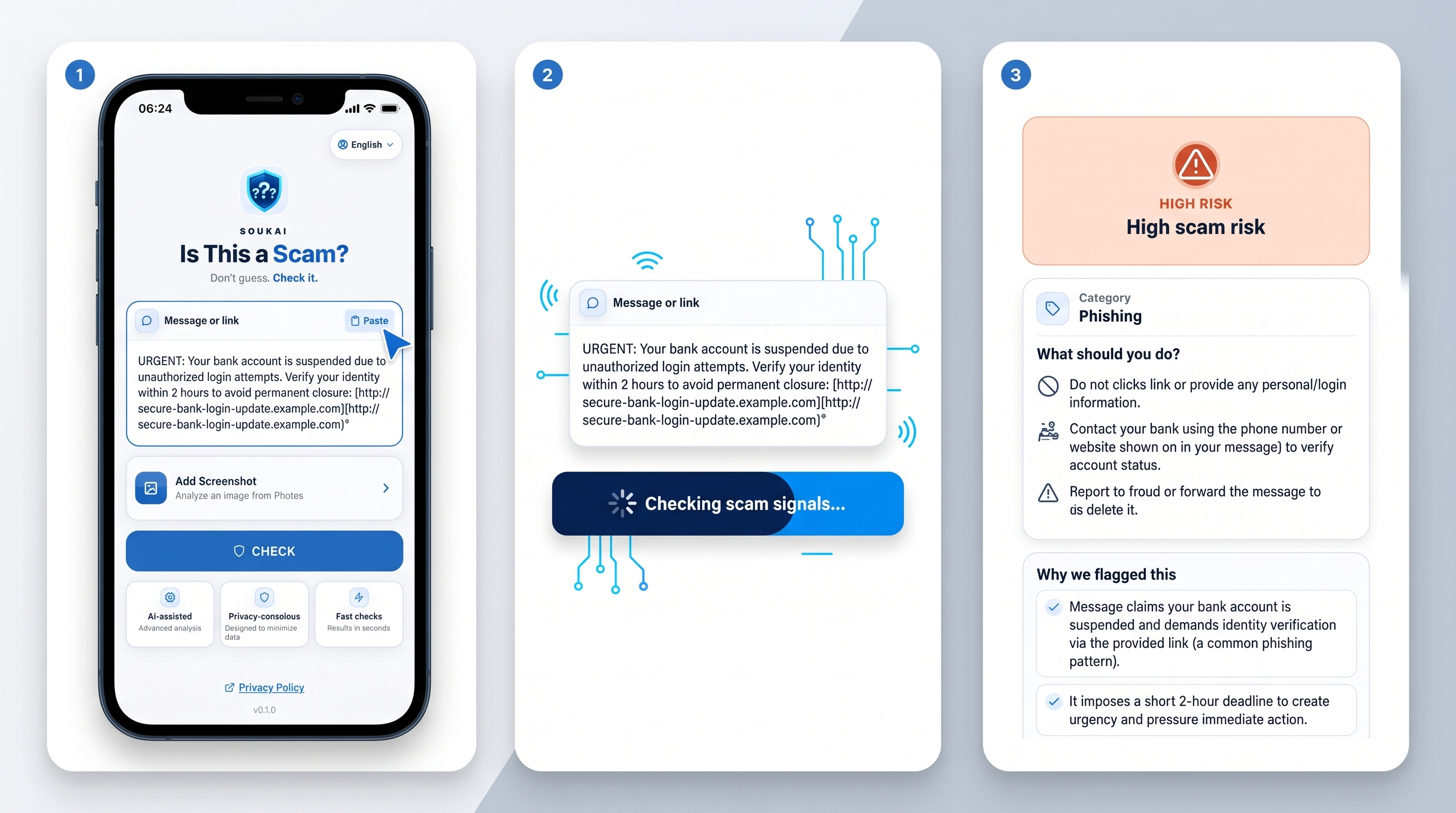 Three-step Is This a Scam workflow: input, analysis, and result.
